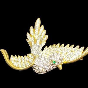 Large Gold Tone Peace Dove Brooch, Vintage Rhinestone Bird Brooch green eyes